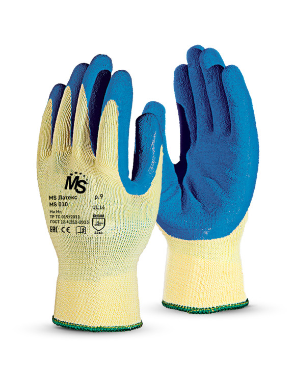 Перчатки MS Латекс, (MS-141), хлопок/полиэфир, латекс частичный, оверлок, цвет желто-синий